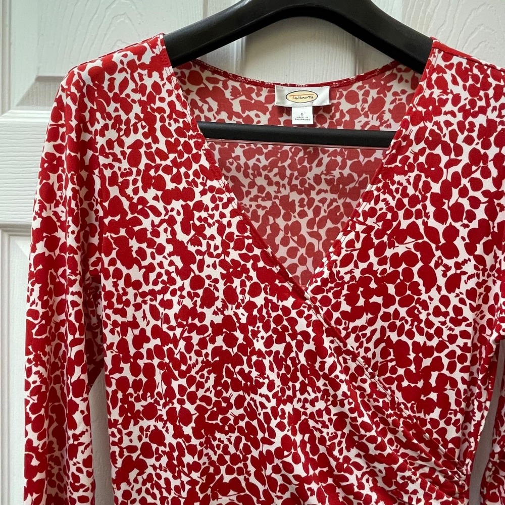 Vintage Talbots Women's 6  Red & White Abstract Faux‎ Wrap Dress 80s Stretch